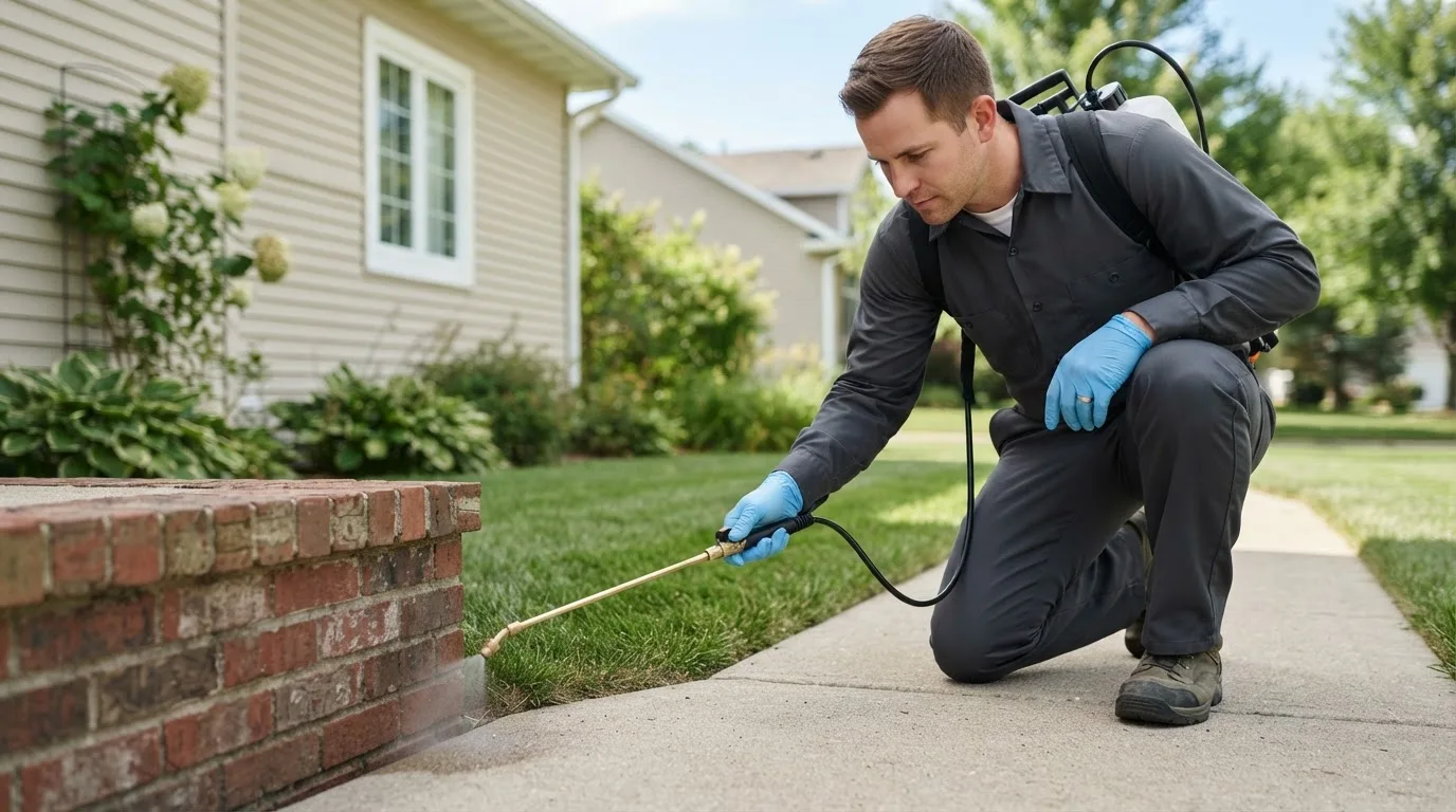 Pest control technician treating a home near Brunswick, MO